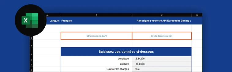 Capture d'écran du fichier Microsoft Excel pour l'API de calculs de charges Eurocodes Zoning