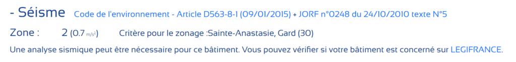 Capture du logiciel Eurocodes Zoning qui présente l'analyse sismique d'une zone